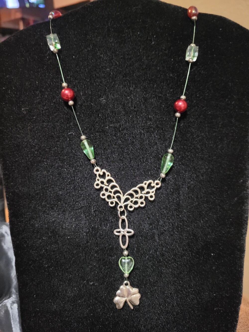 Handcrafted Celtic Shamrock Y-Necklace Green & Crimson Red Festive Holidays